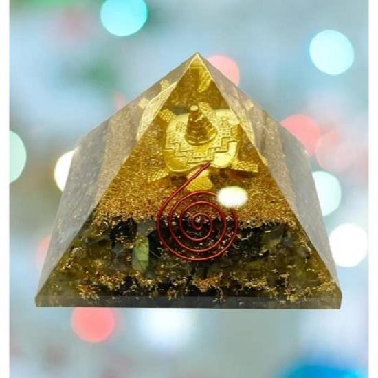 Resin Medium Size Multicolor Set of 1 Labradorite Shree Yantra On Turtle Orgone Pyramid for Reiki Healing, Vastu Correction, Meditation