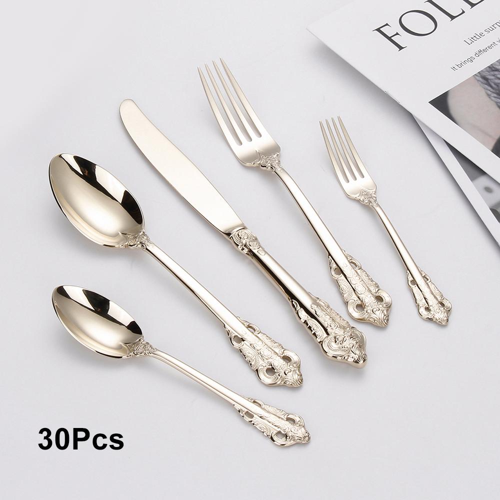 30 Pieces Gold Plated Luxury Cutlery Set Stainless Steel Vintage Western Tableware Sliver Knife Spoon Fork Set Kitchen Utensils