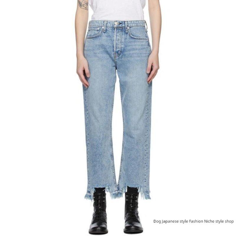 

US Light Luxury Minority RB Pure Yuan Light Blue Mid-High Waist Ankle-Length Frayed Hem Straight-Leg Pants Slightly Flaw Light blue 29