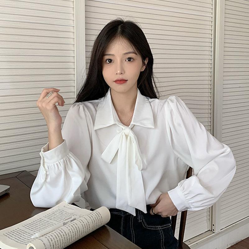 White Shirts Women Bow Casual Cute Ulzzang Students Long Sleeve