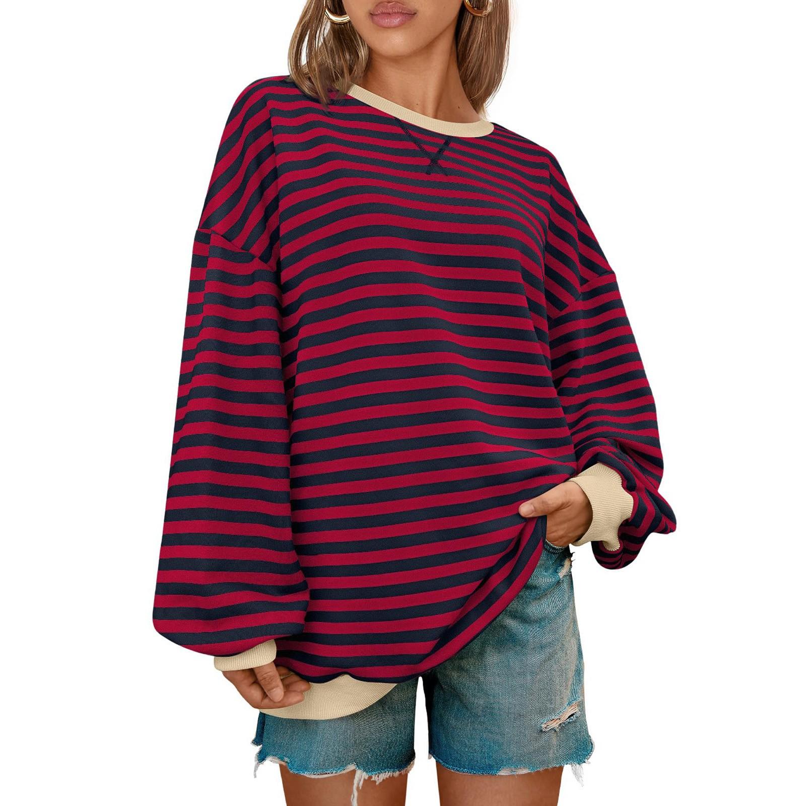 

Женская спортивная рубашка в полоску большого размера с длинными рукавами и круглым вырезом, повседневная свободная рубашка-пуловер, топ XXXL винный