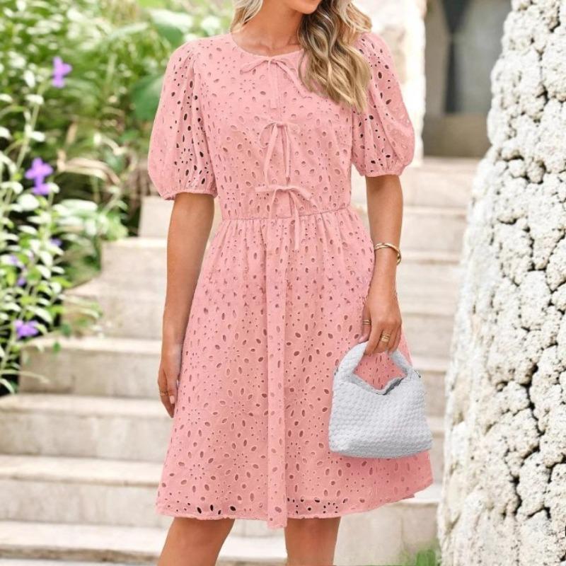VEZFAA Damesmode Zomer Lente Effen Kleur Print Korte Mouw O-hals Hoge Taille Casual Jurken