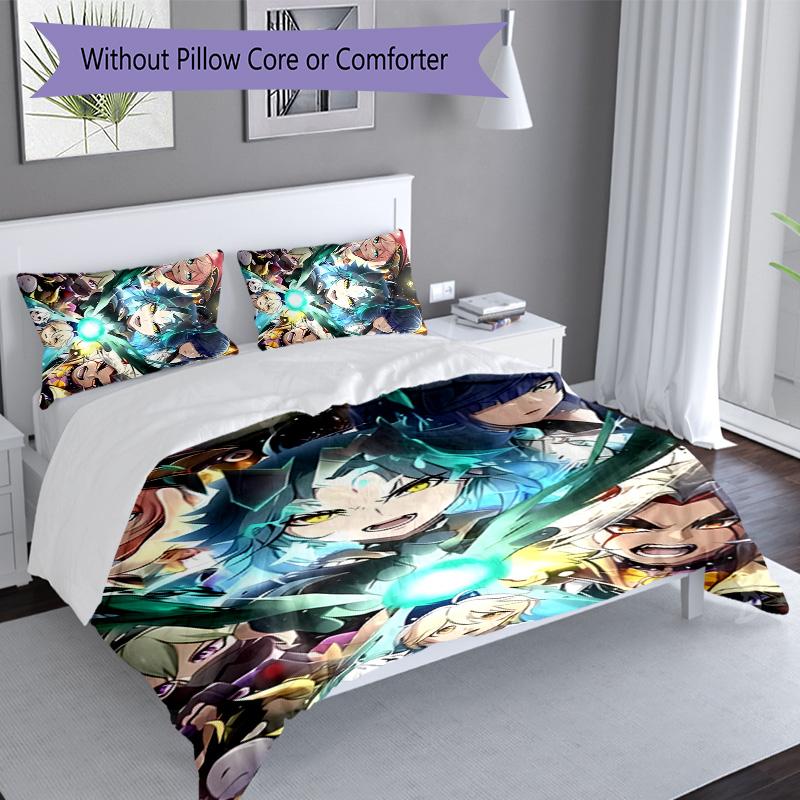 Set lenzuola con motivo personaggi Genshin Impact 3 pezzi set copripiumino include copripiumino e federe, decorazione camera da letto e regalo perfetti per tutte le stagioni