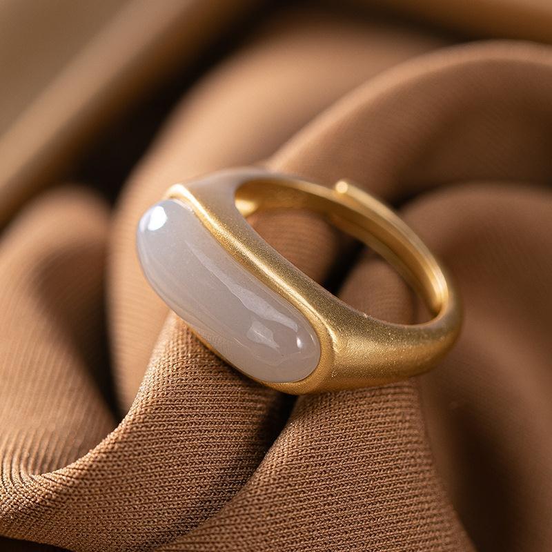 Natural An Purple Jade Long Oval Opening Adjustable Ring Chinese Retro Bohemian Elegant Women'S  Jewelry