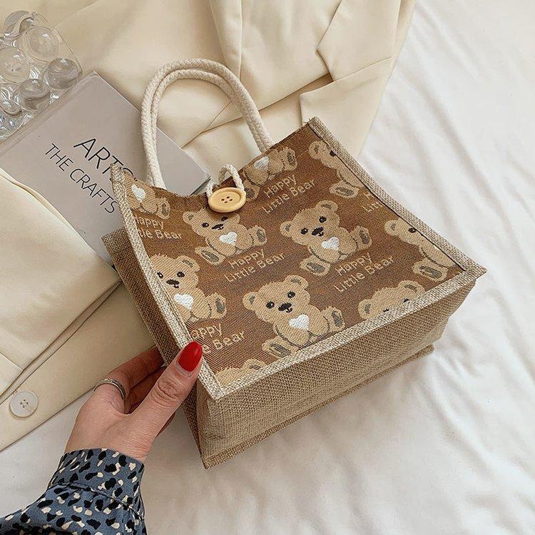 Bear linen tote bag women go out handbag small satchel student shoulder bag tide