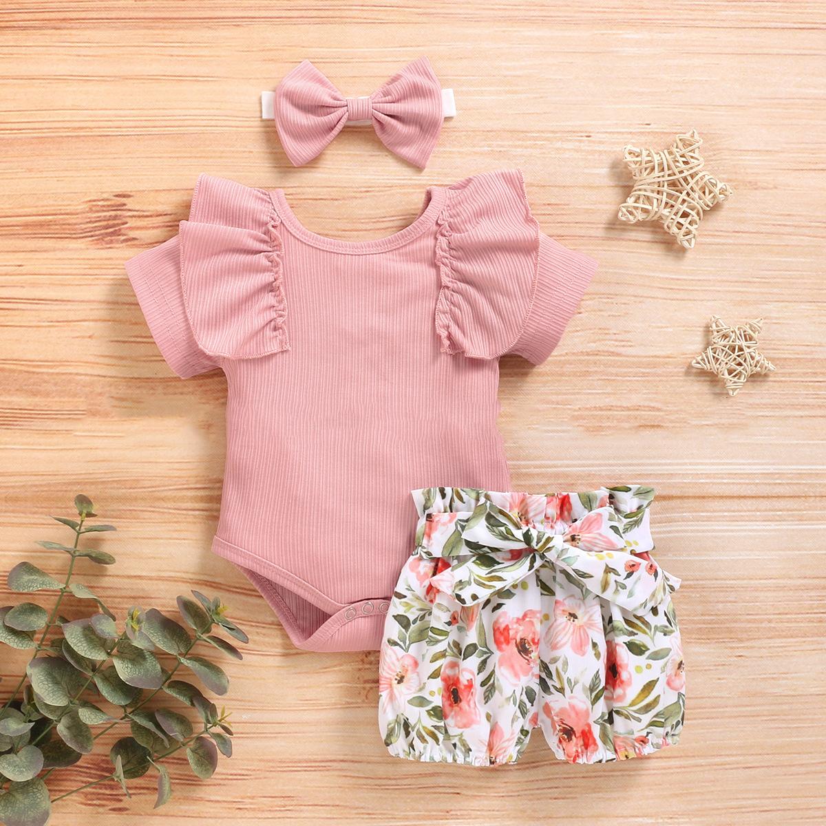 

MAITA/летняя одежда для малышей, одежда с цветочным принтом для новорожденных девочек, комбинезон с короткими рукавами + шорты-пачка с подсолнухами, комплект одежды из 3 предметов 80 розовый