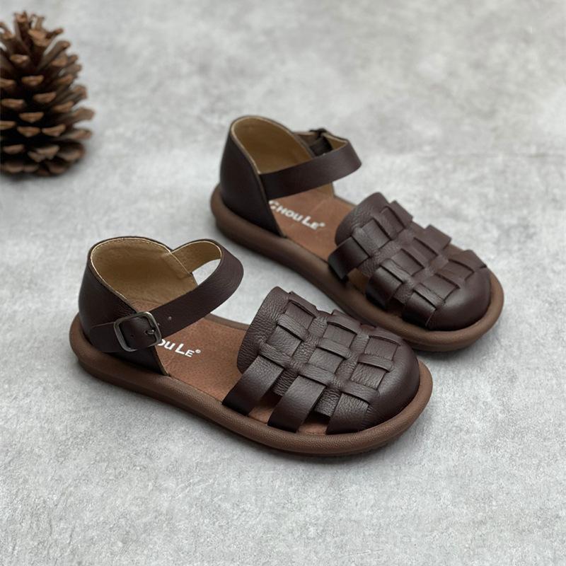 Johnature Sandalias casuales de cuero genuino para mujer, zapatos planos cómodos y versátiles con suela suave y transpirable