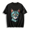 Vintage Türkis Katze Grafik Lässiges Rundhals-T-Shirt Reines Baumwoll-T-Shirt