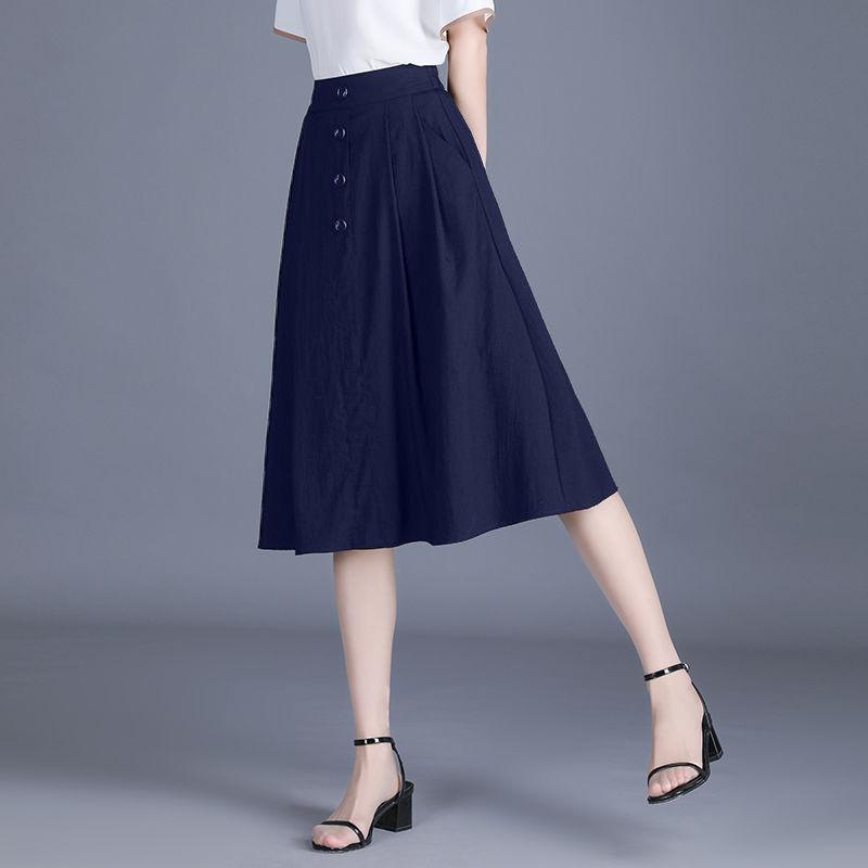 Nylon Cotton Bamboo Linen Skirt Women's Stylish Button Umbrella Skirt Young Casual Mid-length A-line Skirt Elastic Waist Skirt
