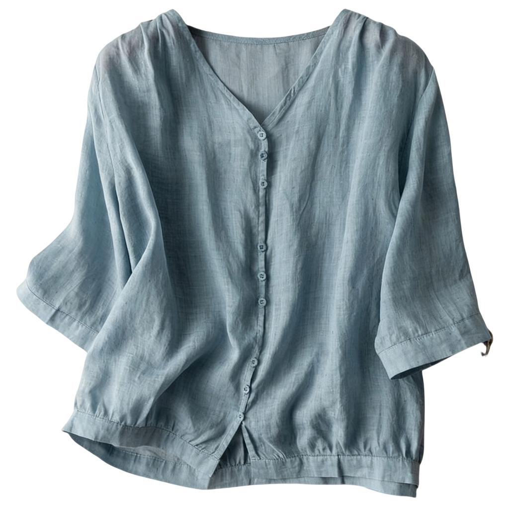 Leichte Retro-Bluse für Damen mit V-Ausschnitt, locker, aus Leinen-Baumwolle, mit Knöpfen