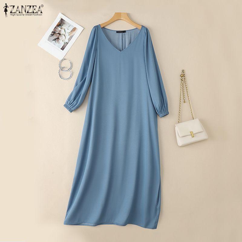 

ZANZEA Женское повседневное платье макси с длинным рукавом, V-образным вырезом и однотонной расцветкой 3XL синий