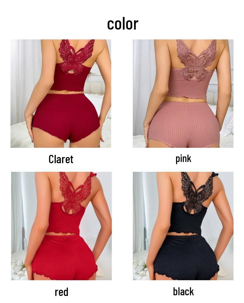 Sleeveless Ribbed Scalloped Camisole & Shorts - European/American Style Women's Casual Homewear