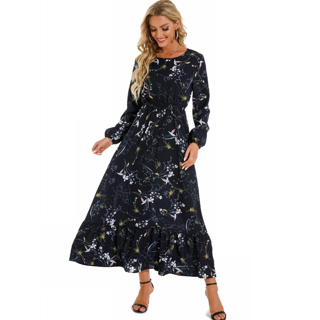 Women's Fashion Summer Spring Floral Print Long Sleeve O-Neck High Waist Casual Dresses
