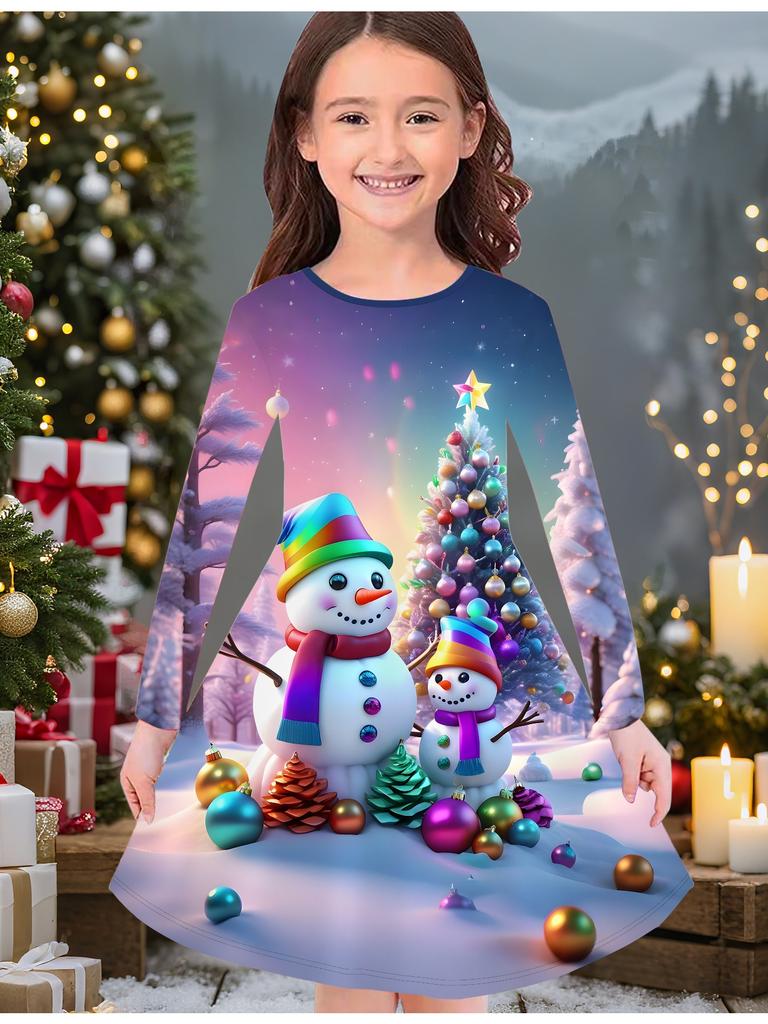 Mädchen Herbst- und Wintermodekleid, 3D Weihnachtsprint Rundhalsausschnitt Lang Kinder-T-Shirt-Kleid, Lässig Vielseitig, Weihnachtskleidung
