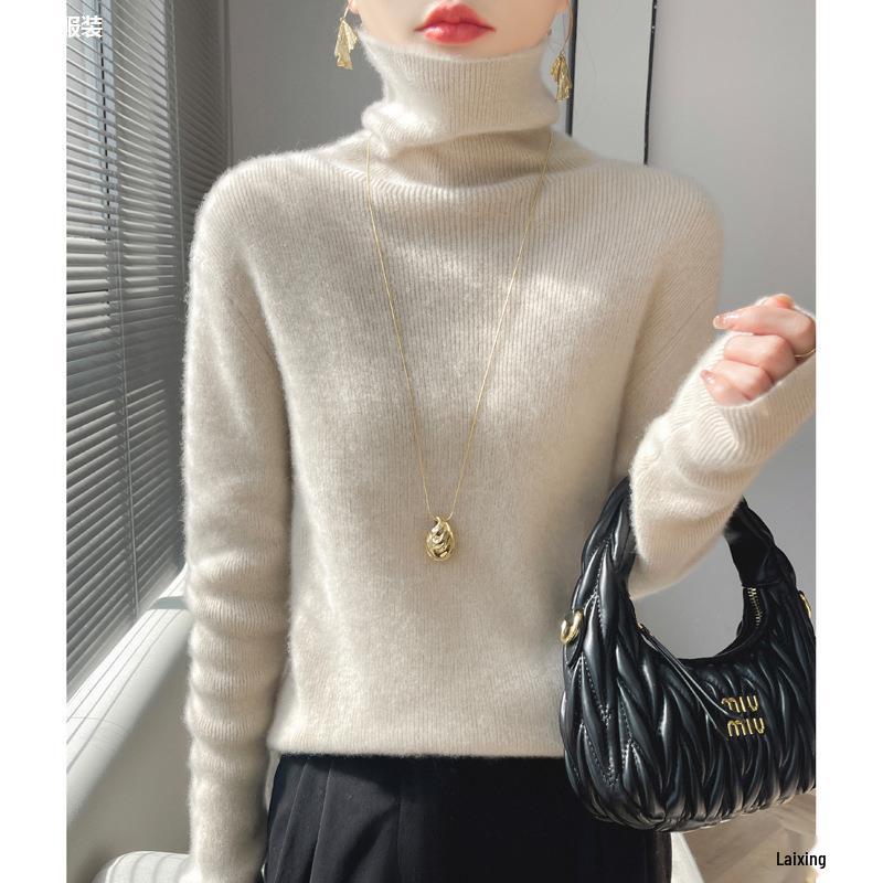 Women's High Neck Slim Striped Turtleneck Knitwear Sweater - Soft and Fluffy Long Sleeve for Autumn and Winter.