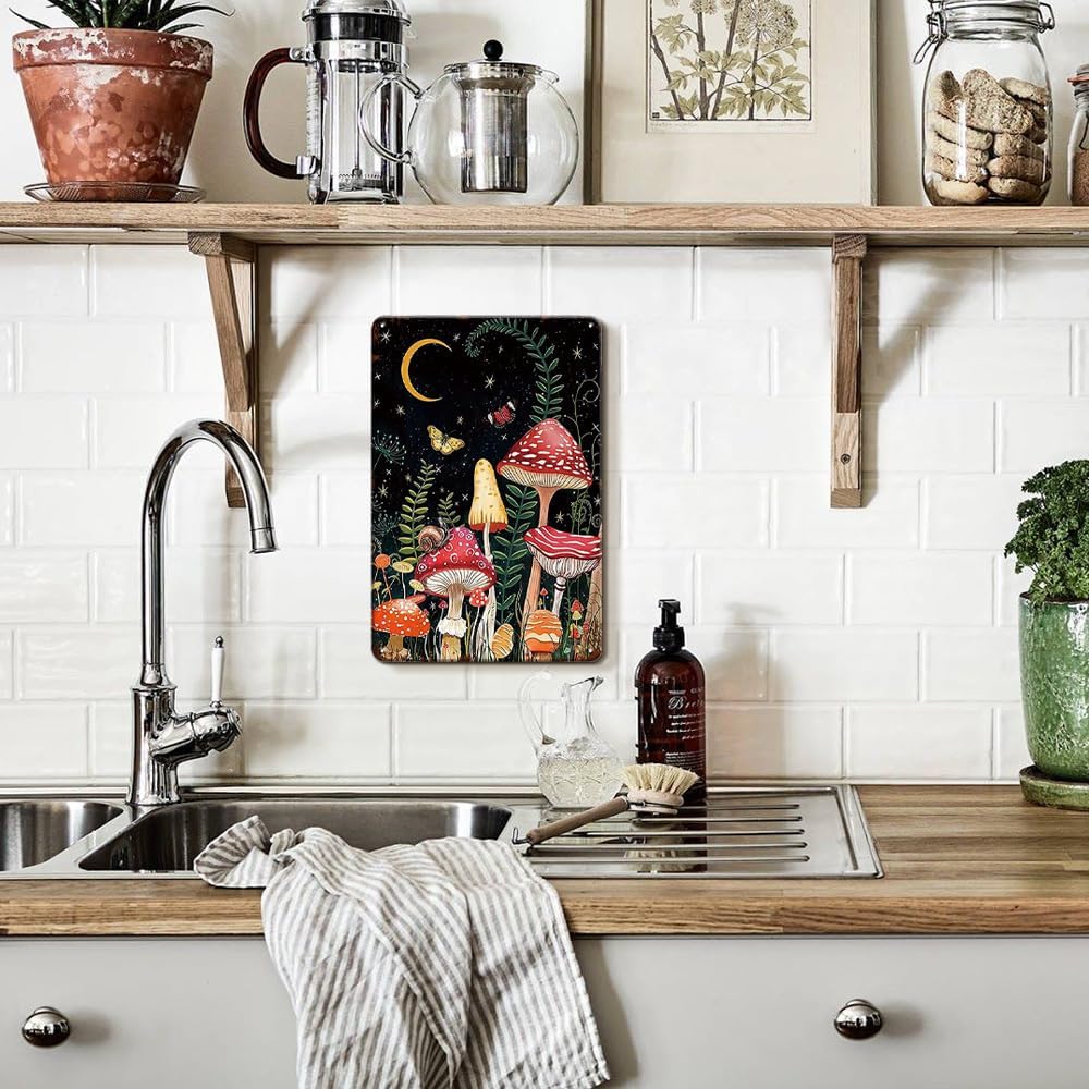 YOYI ART Cute Mushroom Wall Decor Sign - Vintage Metal Tin Sign for Bedroom, Bathroom, Cottage Enchanted Forest Room, Kitchen wall Decor art