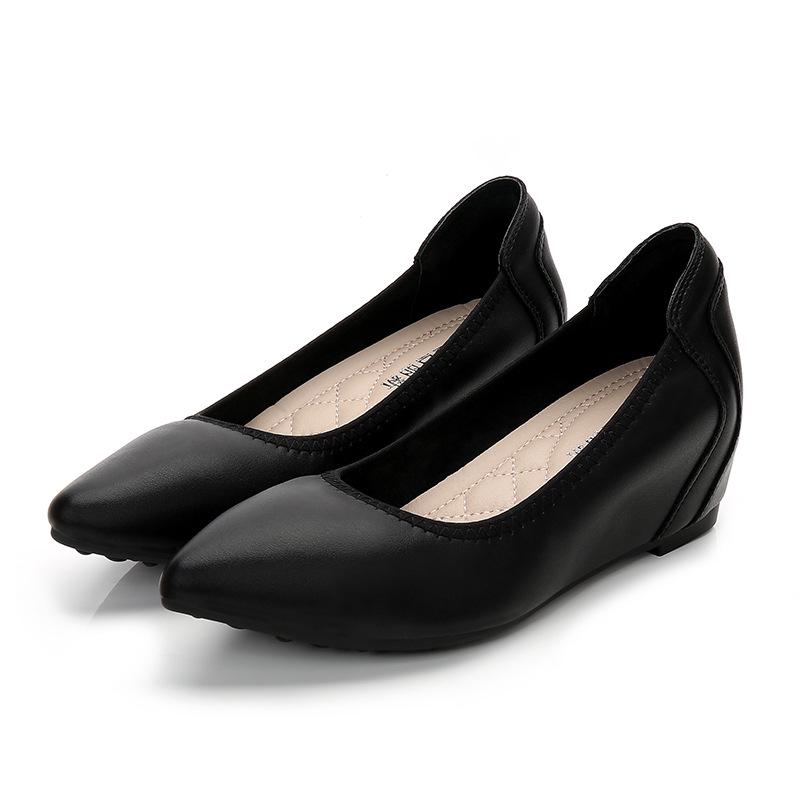 2026 Spring European Black Leather Pointed Toe Flats - Versatile, Comfortable Mid-Heel Shoes for Women 38
