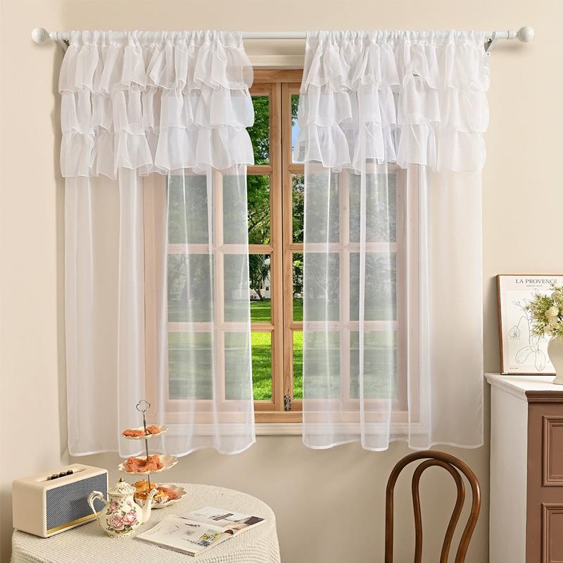 1PC Home Decor Bedroom Door Sheer Curtains French Window Curtain Rococo Rod Pocket Design for Living Room 3-Bar Ruffled