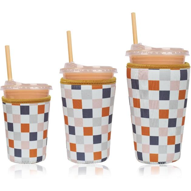 Reble Ulated Neoprene Iced Coffee Cup Sleeve, Durable Drink Sleeve for Cold Beverages, Beverage Holder for Iced Coffee, Floral Checkers