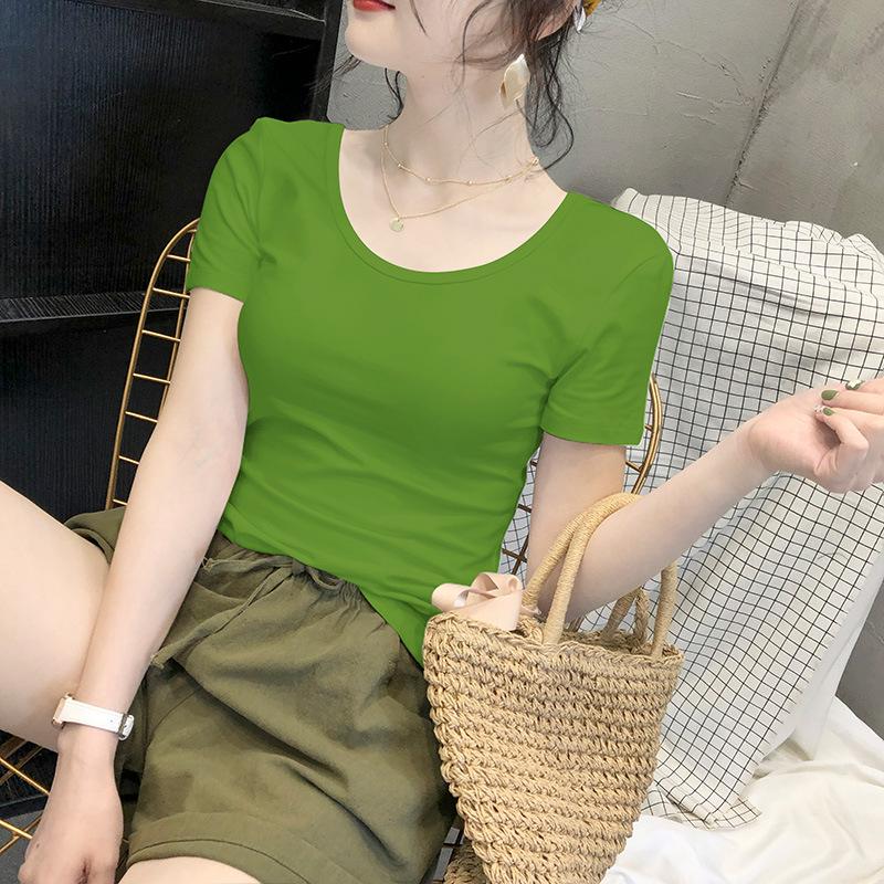 Women's White Short-Sleeve Crew Neck T-Shirt, 2024 Spring/Summer, Slim Fit, Pure Cotton, Basic Top