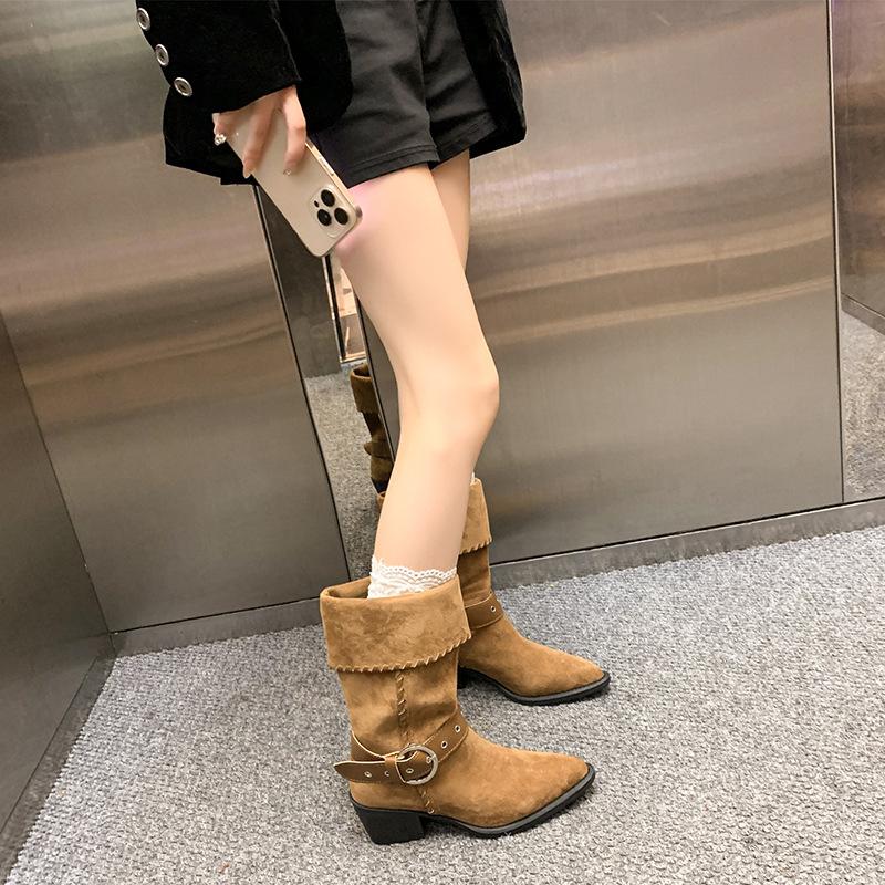 Retro belt buckle boots women's 2025 autumn and winter new folded knight boots trendy fashion stacking boots fashion boots