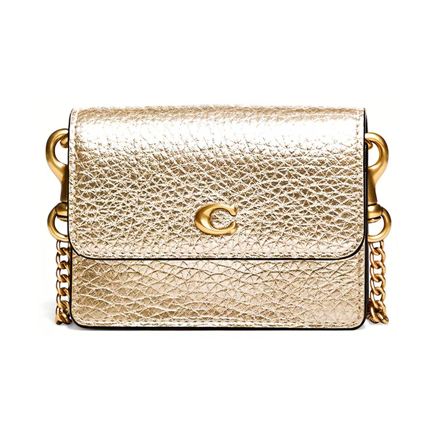 Coach Men's Grain Card Case 10 Metal Polished Logo Snap Flap Chain Slot Pebble Leather Wo Card Case Metallic C6720-B4tfv
