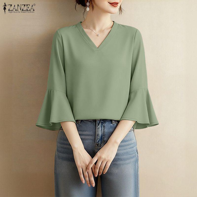 ZANZEA Women Casual V-Neck Solid Color 3/4 Sleeve Loose Blouse