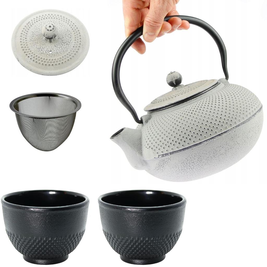 KETTLE 1.5 L CAST IRON TEAPOT STRAINER TEA INFuser SET + 2x CUPS