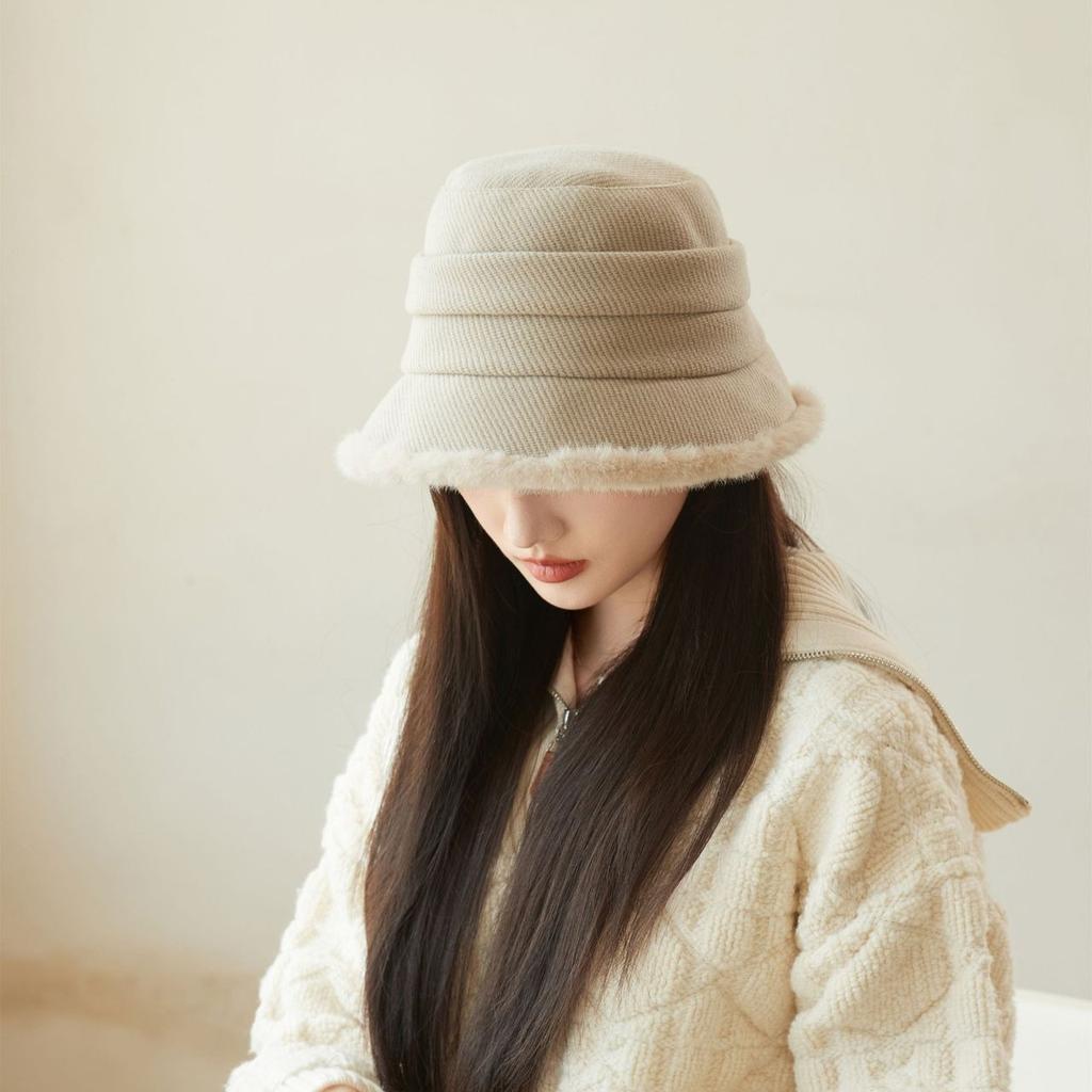 Plush Bucket Hat Women's Autumn and Winter Plush Thickened Thermal Basin Hat Elegant Middle-aged and Elderly Hat