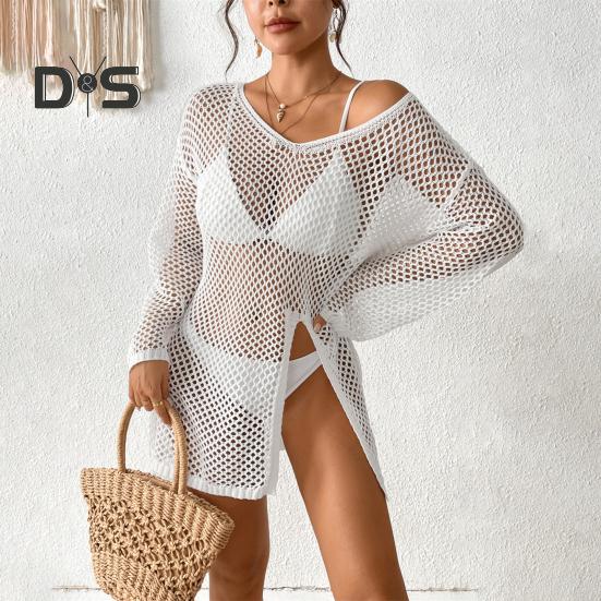 Women Beach Cover Up V-Neck Long Sleeve Side Slit Design Sun Protection. Loose Fit See-through Cover Up Dress