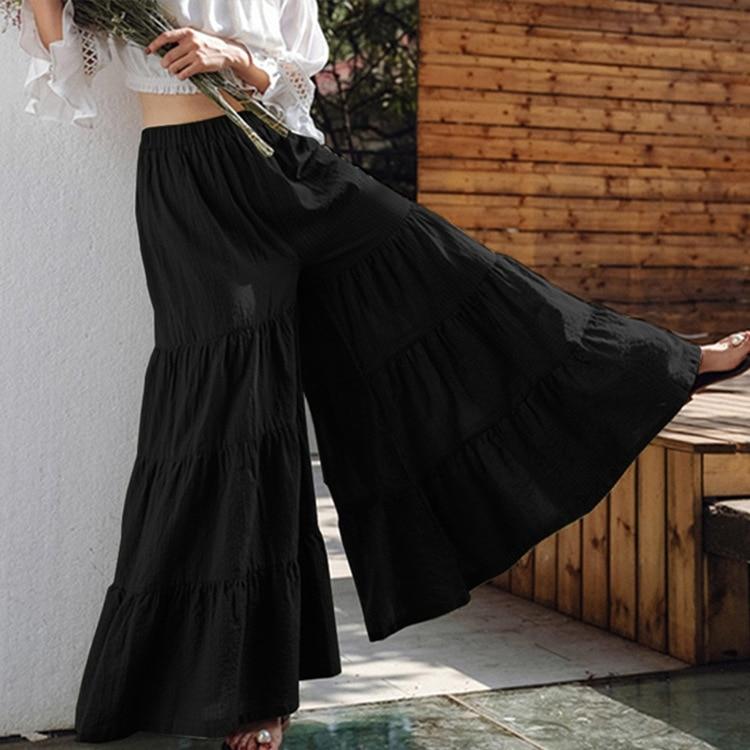 Casual Comfortable Wide Leg Pants Fashion Elastic Waist Pleated Cake Skirt Trouser Summer Folds Loose Solid Pants Pantalon 25736
