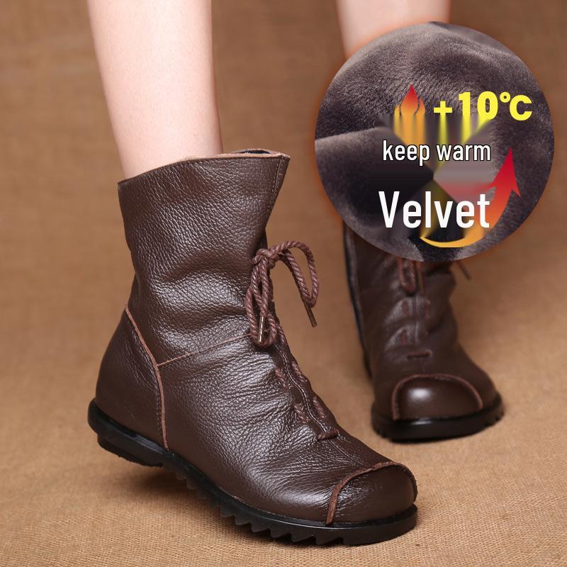 Original Genuine Leather Low Heel Ankle Boots - Retro Style for Autumn/Winter Women's Fashion