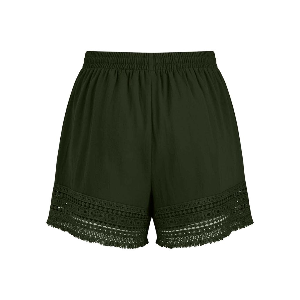 Women’s High Waist Elastic Shorts with Crochet Lace Trim Loose Fit Lightweight Summer Casual Shorts with Pockets