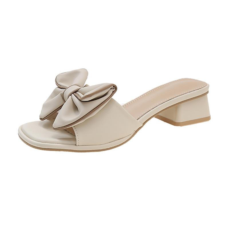 2025 spring and summer women's French sandals fashion trend thick heel half drag bow one word drag outer wear square head