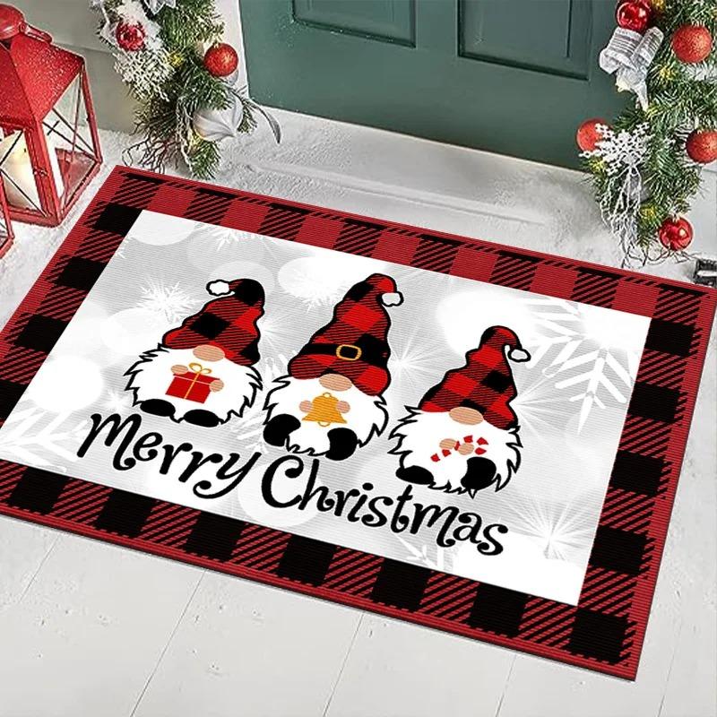 Festive Christmas Gnome Carpet Mat Traditional Red Plaid Rug Happy New Year Snowflakes Xmas Gift Home Decoration Floor Mats Rugs