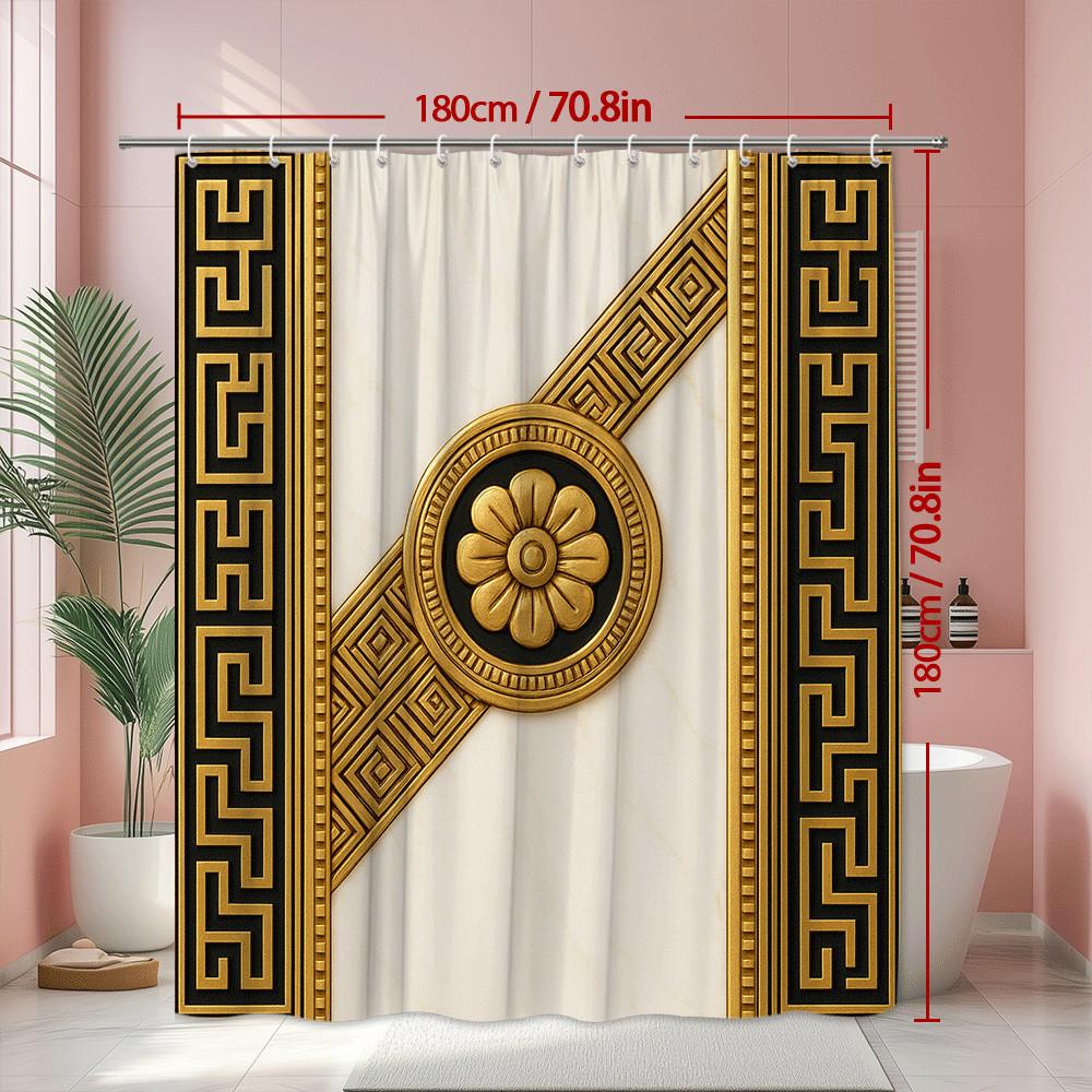 Tenda da Doccia con Motivo a Greca Oro e Nero Design Antico Stile Architettura Classica Decorazione Impermeabile Installazione Semplice
