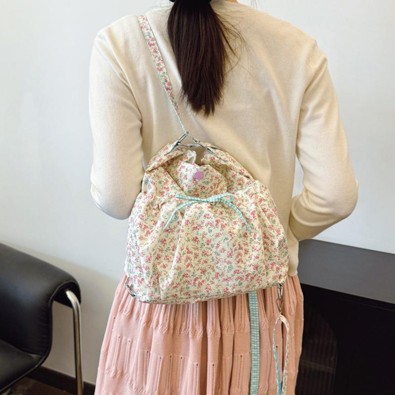 Women's Floral Print Crossbody Shoulder Bag Fashion Washable Fabric Pink Flowers Small Backpack for Casual & Special Occasions AVE
