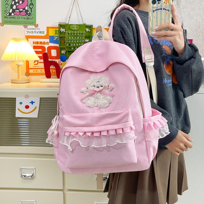 Schoolbag Small Fresh Lace Edge Backpack Female Elementary School Student Cartoon Plaid Versatile School Bag Junior High School Student Cute Girl Back