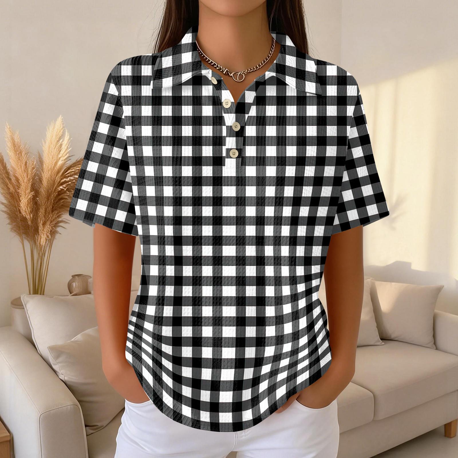 

Women’s Casual Short Sleeve Plaid Print Waffle Polo Shirt with Turn Down Collar and Button Front for Daily Wear S чёрный