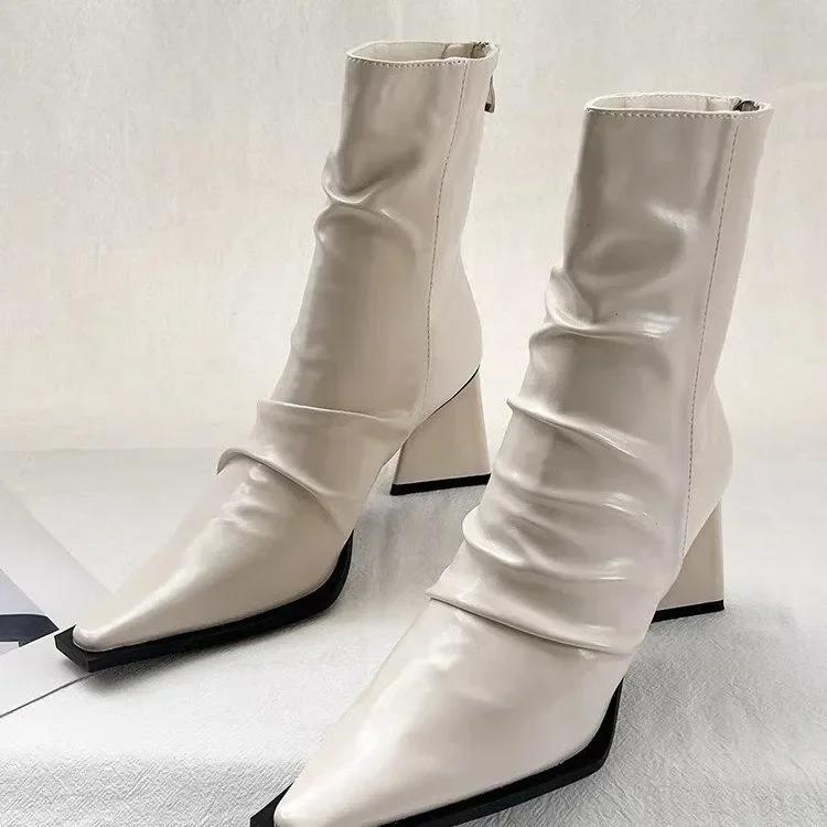 

модные осенние женские ботильоны со складками модные женские короткие ботинки с острым носком на толстом среднем каблуке повседневные ботинки женская обувь 2024 35