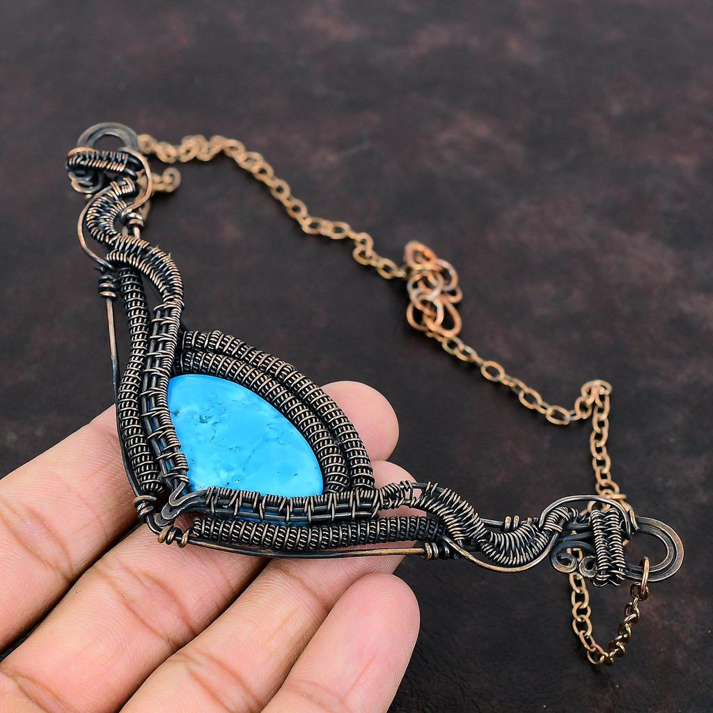 Arizona Turquoise Gemstone Necklace Copper Wire Wrapped Necklace Adjustable Chain Necklace Copper Jewelry Handmade Necklace Anniversary Gift