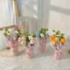 1PC handmade crochet bouquet with pink vase, including crocheted flower fabric wrapping paper and ribbon - carefully woven cotton thread