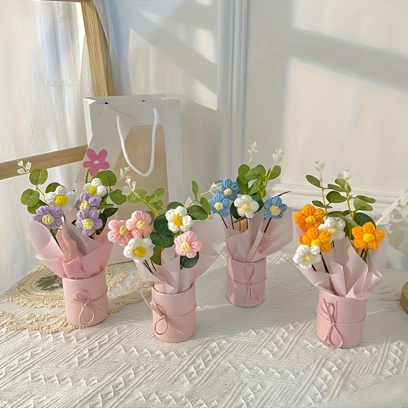 1PC handmade crochet bouquet with pink vase, including crocheted flower fabric wrapping paper and ribbon - carefully woven cotton thread