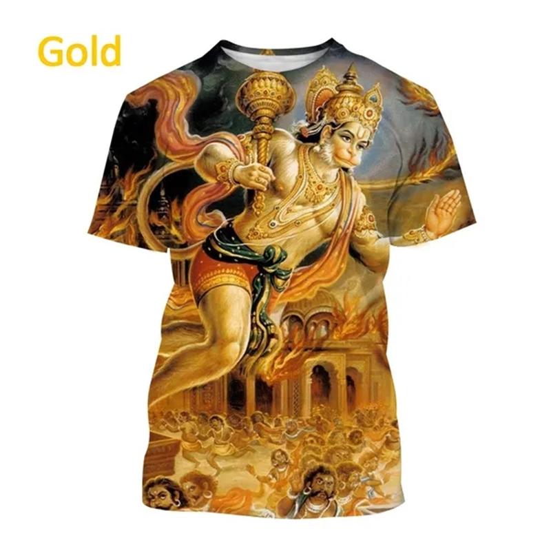 Indian Monkey God Hanuman 3D Printed T-Shirts Hindu Myth Figure Pattern Top Summer Round Neck Fashionable Casual Short Sleeved Men's T-shirts