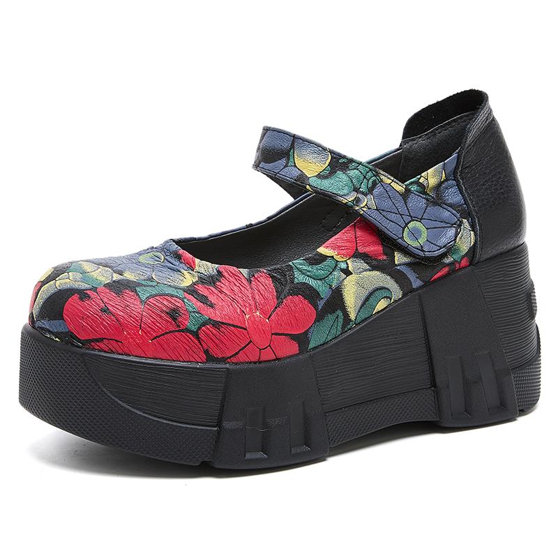 Fashion GKTINOO Handmade Retro Style Women Platform Shoes Spring Summer Genuine Leather Wedges Heel Pumps Casual Shoes