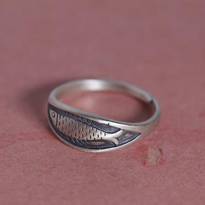 Anello Rame Stile Tribale Pesce Koi, Fatto a Mano Retro Ispirato al Cinese Design Pesce Salato, Accessorio Anello Singolo alla Moda