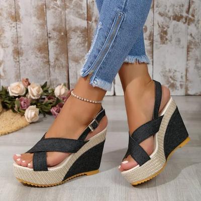 Plus Size 35-42 Skor för kvinnor Ankel Spänne Kilar Sandaler för kvinnor Sommar Denim Sandal Bekväm tjock sula Sandalias