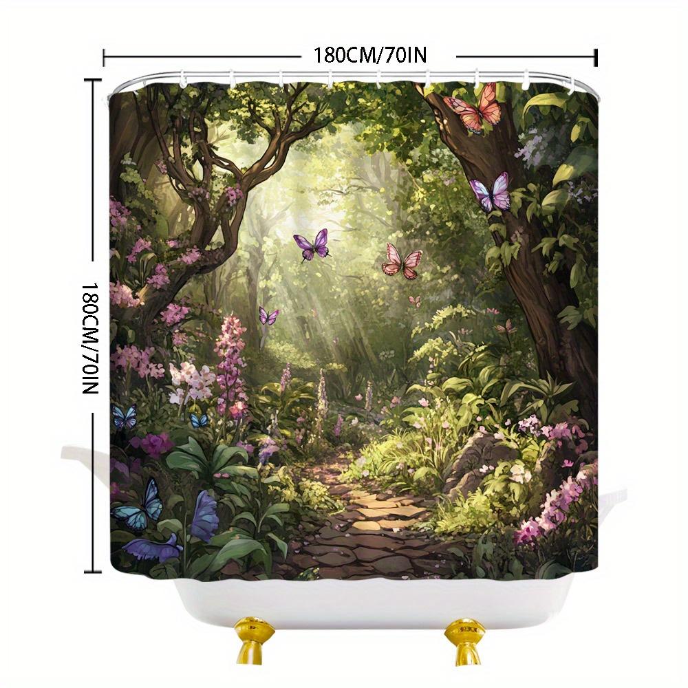 Magical Forest Shower Curtain-Stone Pathway, Colorful Butterflies, Sunlit Greenery, Pink Purple Blossoms, Fairy-Tale Atmosphere