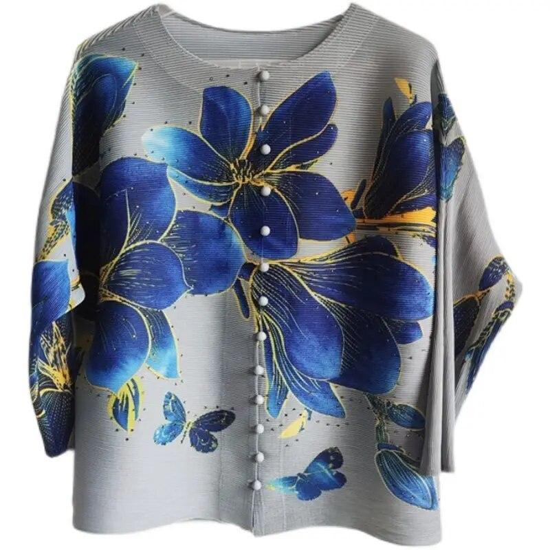 Fashionable Printed Cardigan Top for Women's Spring New Pleated Slimming Versatile Western-style Age Reducing Shirt
