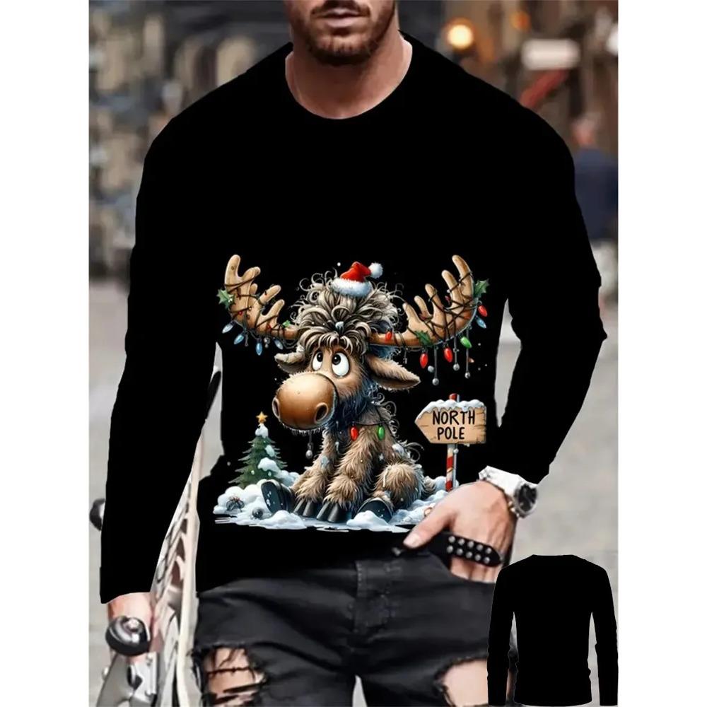 Spring Autumn Christmas Series 3D Printed Comfortable Round Neck T-shirt Loose Casual Sports Versatile Men's Breathable Long Sleeve T-shirt
